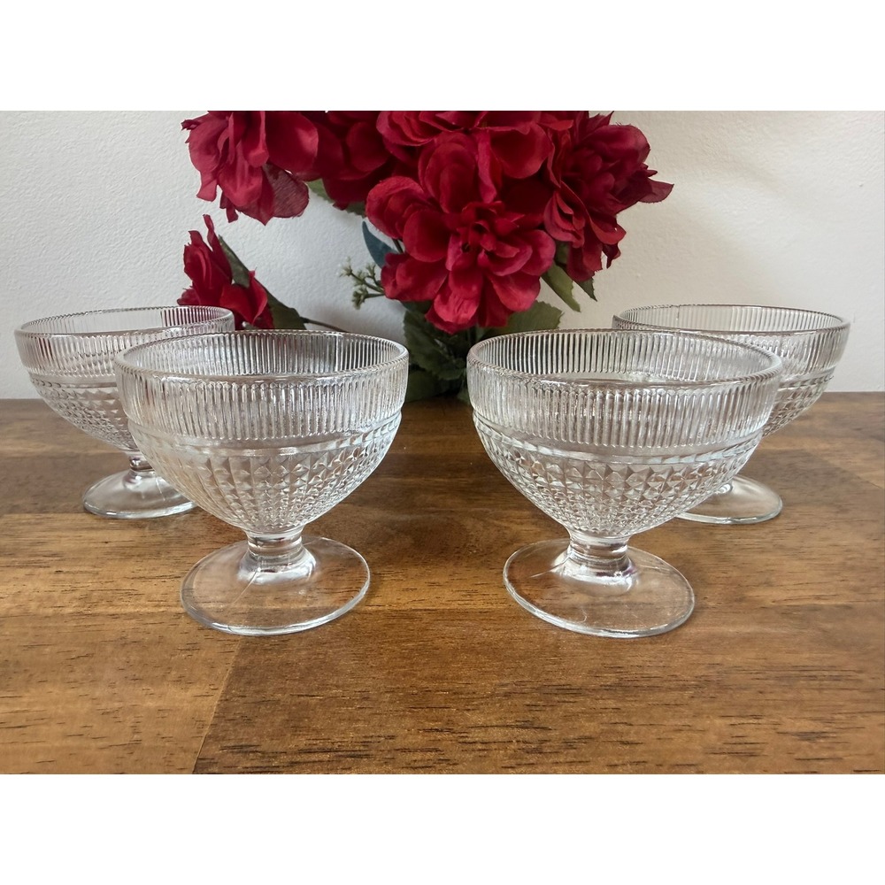 Vintage Pressed Glass Dessert Cups Set Diamond Point Sherbet Bowls Pedestal